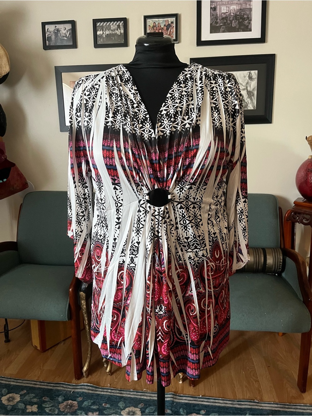 Style & Co. Black, White & Pink Patterned Tunic with Front Ring